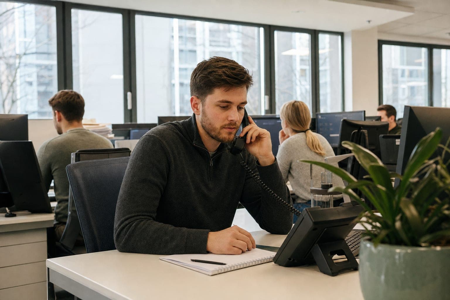 Recruiter im Büro am Telefon, daneben Notizblock und Tischapparat