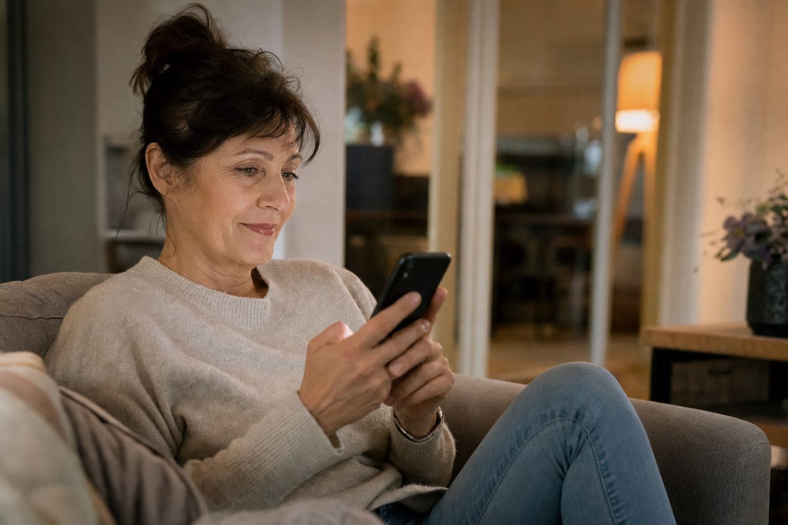 Fachkraft zuhause auf dem Sofa mit dem Telefon in der Hand